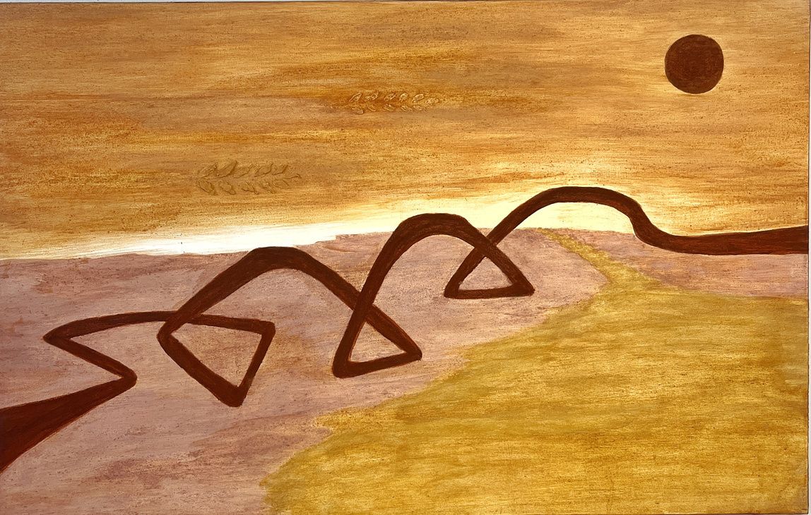 Vento corredor, de Delírio: paisagem em geotinta com tons de ocre e terracota e uma linha sinuosa cortando o horizonte.